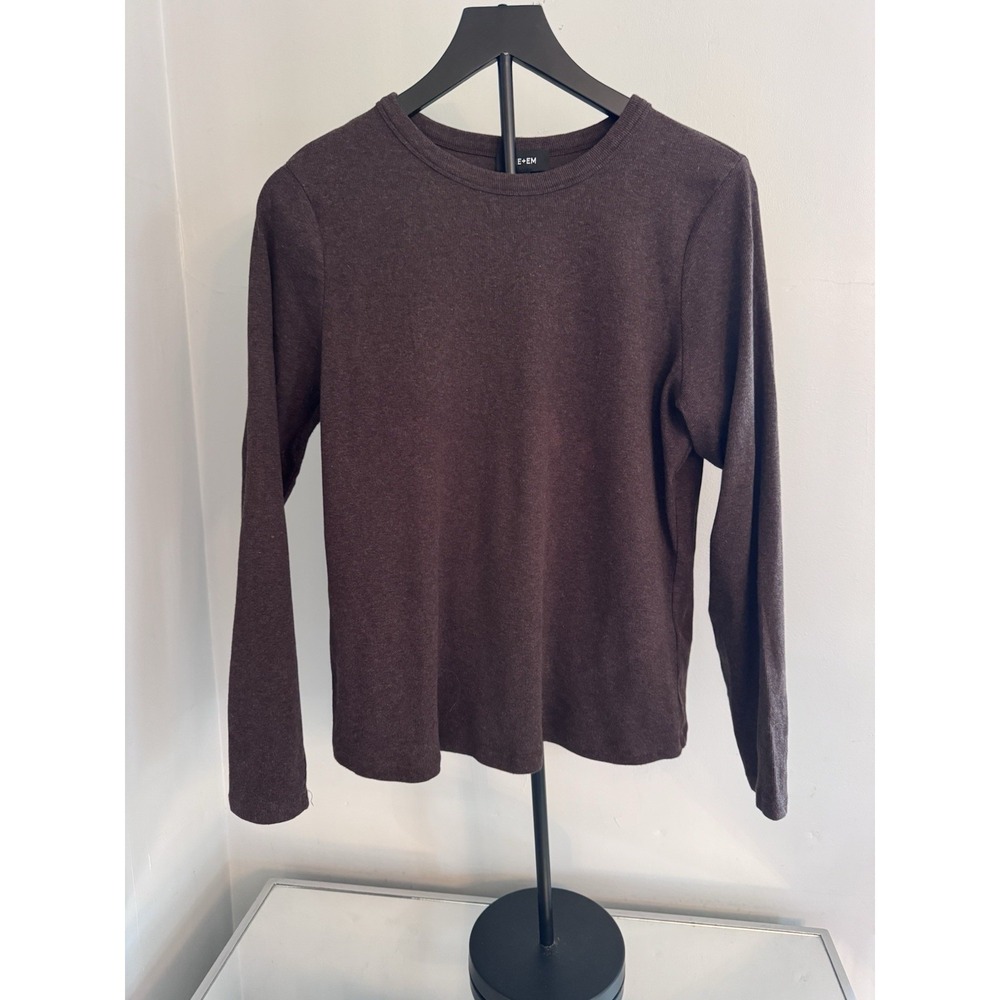 ME+EM Organic Cotton Rib Knit Long Sleeve Top Brown Crew Neck US 14 Quiet Luxury